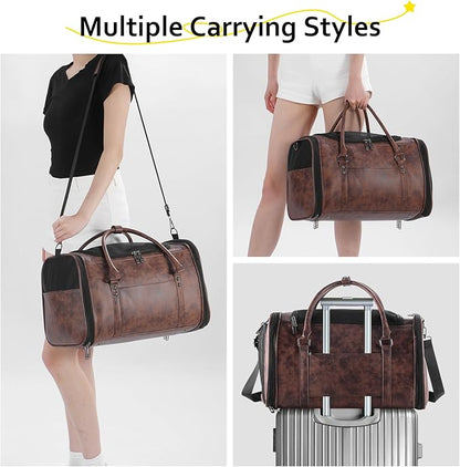 Johomviin Stylish Leather Pet Carrier for Small Dogs and Cats Up to 15 lbs, Airline Approved Lightweight Travel Tote with Breathable Mesh and Shoulder Strap Coffee