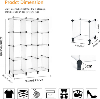 AWTATOS Cube Storage Organizer Storage 12 Cube Bookshelf DIY Plastic Closet Storage Shelves with Wooden Mallet, Ideal Storage Solution for Home, Bedroom, Translucent White