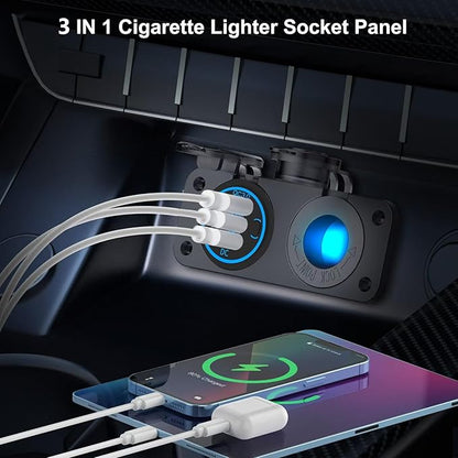Upgraded 78W 3 Port 12V 24V USB Outlet Cigarette Lighter Socket Panel, Dual 30W PD and QC3.0 Multi Port Cylinder Charger with Button Switch and 150W Lighted Socket 2 in 1 DIY Kit for Car Boat RV, etc.