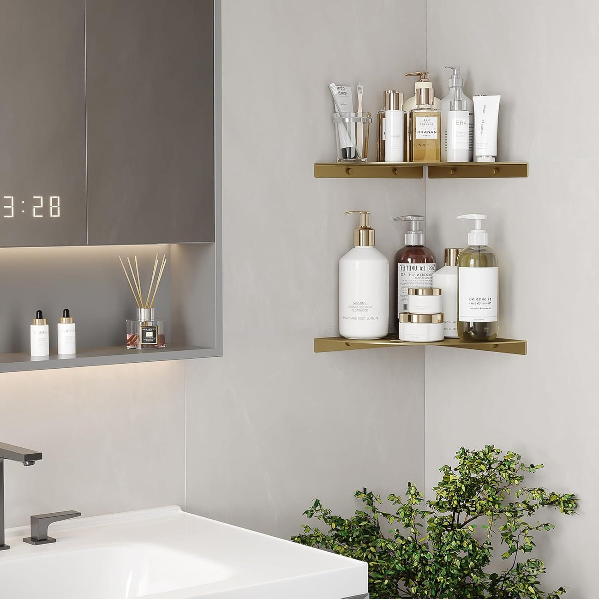 2 Pack Corner Shower Shelves Load Capacity 40 lbs 304 Stainless Steel Shower Corner Shelf Will not Rust 8in Shower Shelf for Inside Shower Brushed Gold Drilling Installation