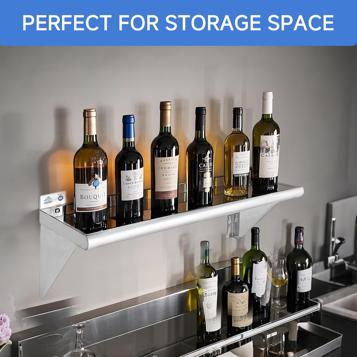 ROCKPOINT Stainless Steel Shelf 18 x 72 Inches 500lb, NSF Metal Commercial Shelves Wall Mount Floating Shelving with Backsplash for Restaurant, Kitchen, Home and Hotel, Silver