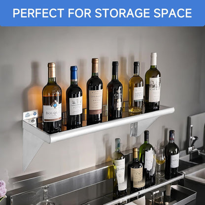 ROCKPOINT Stainless Steel Shelf 18 x 72 Inches 500lb, NSF Metal Commercial Shelves Wall Mount Floating Shelving with Backsplash for Restaurant, Kitchen, Home and Hotel, Silver