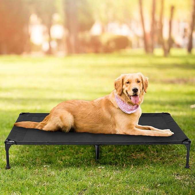 PVY Elevated Dog Bed for Outdoor, Large Raised Dog Cot with Washable Mesh, Cooling Pet Cot Chew Proof for Outside Camping, 42"x30" Black