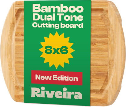 Riveira Two Tone Bamboo Wood Cutting Board – Gourmet Bamboo Grandeur: 8 x 8 Wooden Cutting Board – Wooden Cutting Boards For Kitchen Decorative – Innovative Juice Grooves Wooden Chopping Board