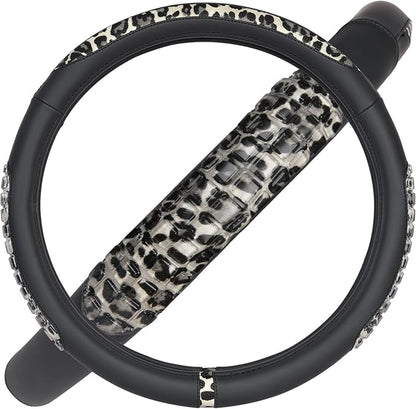 Flying Banner car Steering Wheel Cover Gel Massage Velvet Cool Warm Universal Size 15 inches SUV Truck Anti Slip Odorless Summer Winter (Black Gray Leopard Print, Gel Massage)