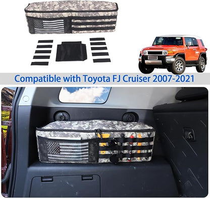 Car Trunk Organizer Compatible with Toyota FJ Cruiser 2007-2021, Rear Storage Organizer With American Flag, Multi-Compartment Oxford Cloth Car Storage Bag Space Saving (Camouflage-Left Side)