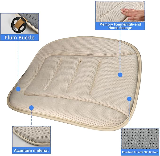 KAYI Car Seat Cushion, Memory Foam Car Seat Cushion, Anti Slip Rubber Bottom Car Seat Cushions for Driving, Suitable for Car and Office Chairs (2 Pack, Cream)