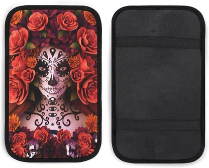 Auto Center Console for Sugar Skulls and Roses Day of Dead Halloween Car Armrest Cover Center Console Armrest Cushion for Car SUV Universal Fit
