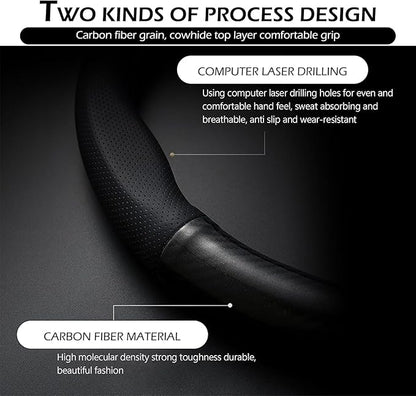 Car Carbon Fiber Steering Wheel Cover, Round Anti-slip Breathable Steering Wheel Protector, Four-season Interior Accessory, Universal for Most Cars (Black #Round)