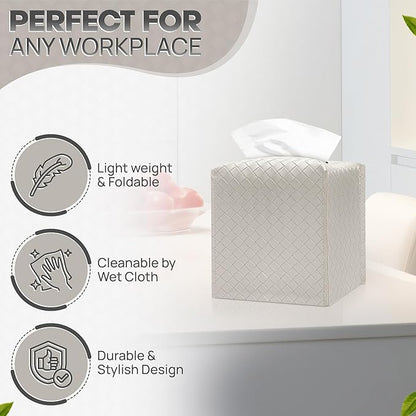 Tissue Box Cover Holder, PU Leather Tissue Box Cover with Braided Pattern, Square Tissue Holder with Bottom Belt, Modern Organizer for Bathroom, Car, Office, Tabletop(Pearl White,12 Braided Patterns)