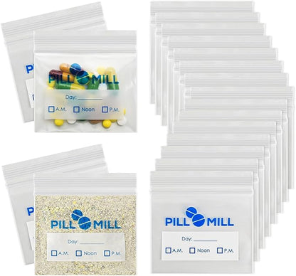 Pill Bag Count - Size 3" X 2" 3 Mil – Plastic Pill Organizer Bags – Small Pocket Pill Baggies – Travel Pill Pouch– Daily AM PM Medicine Storage Pouches – Locking Pill Carrier Container (100-Pack)