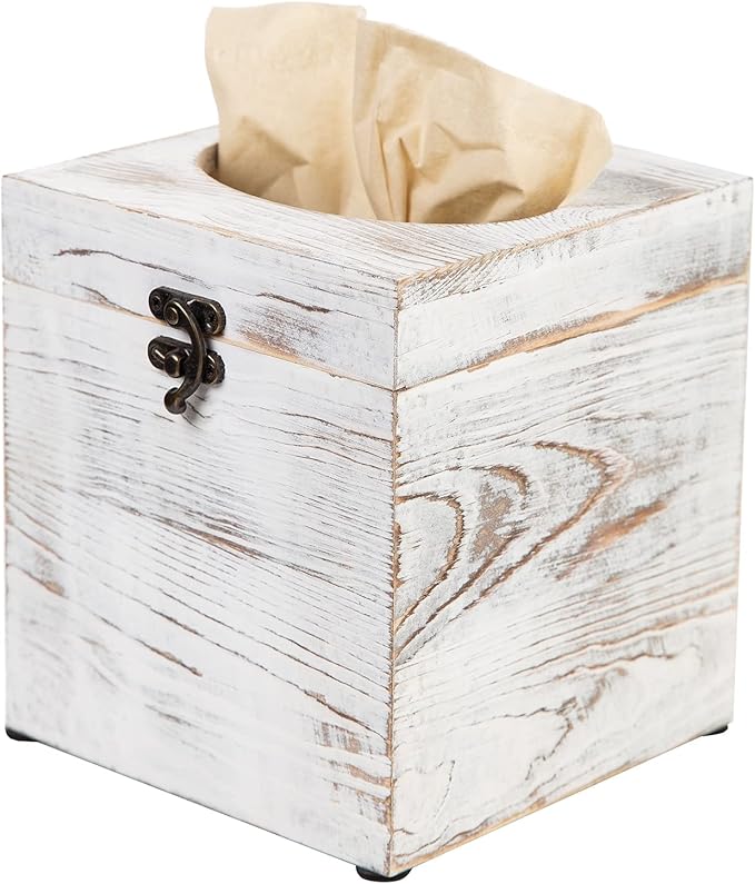 Distressed Farmhouse Square Solid Wood Tissue Box Cover with Slide-Out Bottom Panel Honey Brown Tissue Box Holder for Bathroom Living Room Dining Room Bedroom Toilet (Vintage White)