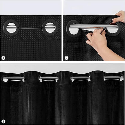 MitoVilla Black Waffle Long Shower Curtain Liner Set 72 x 80, No Hooks Needed 80 inch Long Heavyweight Fabric Shower Curtain Set with Snap-in Liner for Hotel Grade Spa-Like Bathroom Decor