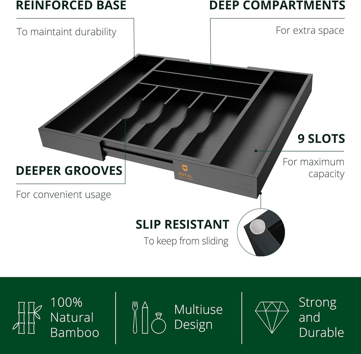 ROYAL CRAFT WOOD Luxury Bamboo Kitchen Drawer Organizer - Silverware Organizer - Utensil Holder and Cutlery Tray with Grooved Drawer Dividers for Flatware and Kitchen Utensils (9 Slot, Black)