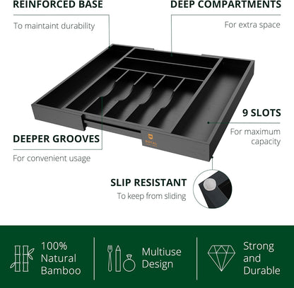 ROYAL CRAFT WOOD Luxury Bamboo Kitchen Drawer Organizer - Silverware Organizer - Utensil Holder and Cutlery Tray with Grooved Drawer Dividers for Flatware and Kitchen Utensils (9 Slot, Black)