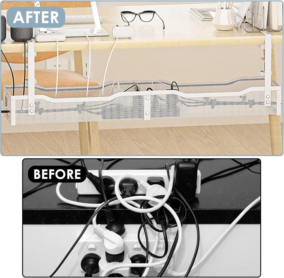 Cable Management, 25'' Cable Management Under Desk No Drill, Metal Cord Organizer with Clamp for Standing Desk, Cable Organizer for Home Office, White