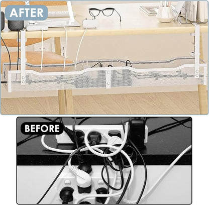 Cable Management, 25'' Cable Management Under Desk No Drill, Metal Cord Organizer with Clamp for Standing Desk, Cable Organizer for Home Office, White