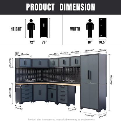 15-Piece Corner Garage Storage Cabinet System - Heavy Duty Workshop Set w/Corner Cabinet Includes Workbench, Pegboard & Lockable Drawers | Metal Tool Organization System for Garage/Workshop
