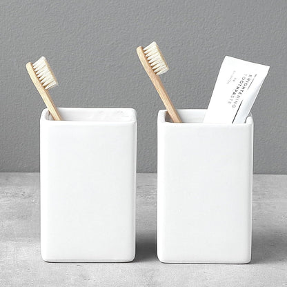 Toothbrush Holders for Bathrooms - 2 Cups Ceramic Square Toothbrush Toothpaste Holders Set, White Square Bathroom Tumbler Cups Reusable Toothbrush Mouthwash Cup, Bathroom Counter Organizer.