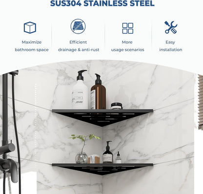 FerdY 2-Pack 10" Matte Black Recessed Corner Shower Shelf, for Tiled Bathroom Walls, 304 Stainless Steel Floating Shower Shelf, Shower Caddy Storage Shelves, No Drilling Required, Striped Triangle
