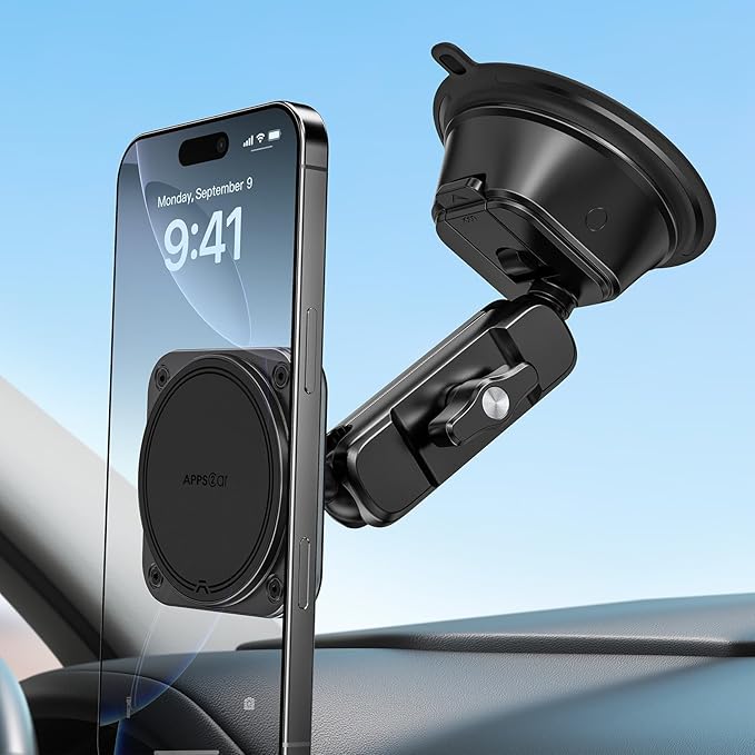 APPS2Car Heavy-Duty Vacuum Suction Phone Mount [Industrial 20x N55 Magnet, Alloy Arm, Ultra-Stable Suction Cup] for iPhone MagSafe/Samsung/Android, Magnetic Phone Holder for Car Windshield Dashboard