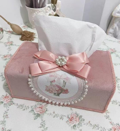 Tissue Cover Holder Fabric Art Cute Tissue Box Cover Dispenser Napkin Organizer for Bathroom Bedroom Office and Car (C-Pink)