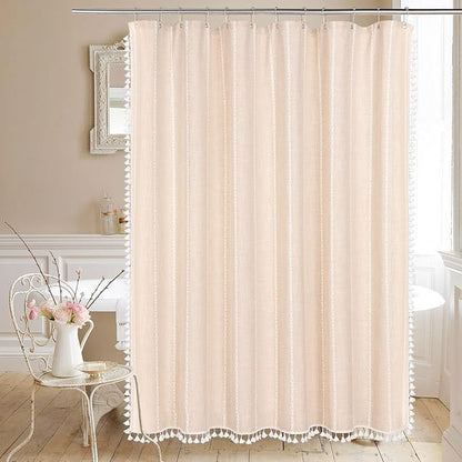 MitoVilla Beige Boho Long Shower Curtain 72 x 78, Cream Farmhouse 78 inch Long Polyester Linen Fabric Shower Curtains with Tassel for Chic Cottagecore French Country Bathroom Decor