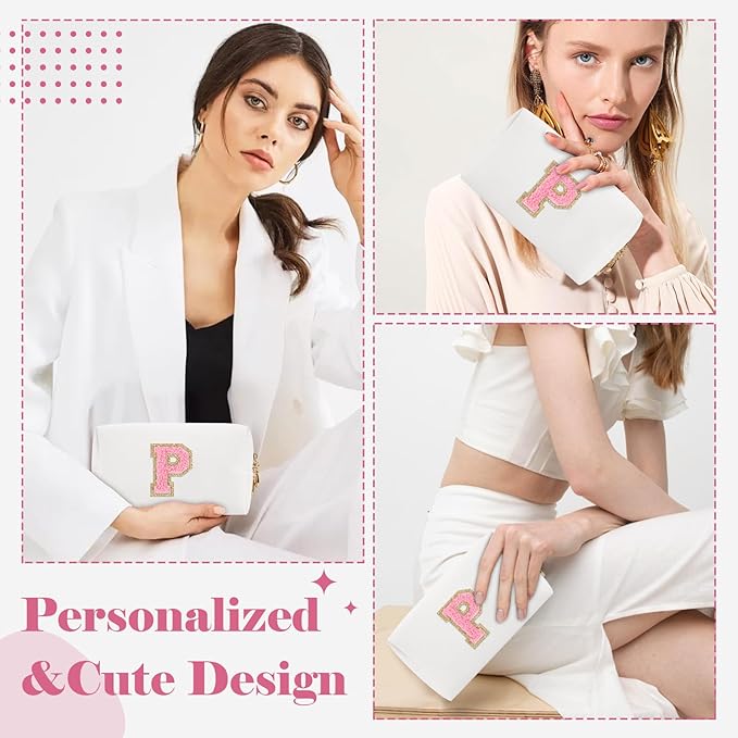 Personalized Makeup Bag Initial A-Z Preppy Patch Bag,Small PU Leather Travel Cosmetic Bag Pouch with Zipper,White Cute Toiletry Bag,Gift Ideal for Teen Girls Women Birthday Friend Mom,Letter P