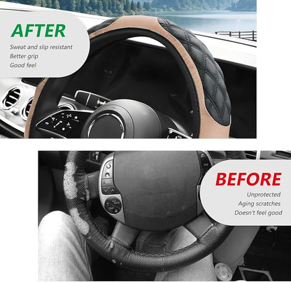 Car Steering Wheel Cover, 15 Inches Leather Steering Wheel Protector with Non-Slip Grip, Universal Wheel Covers Interior Decoration for Sedens Trucks SUVs, Car Accessories (Beige)
