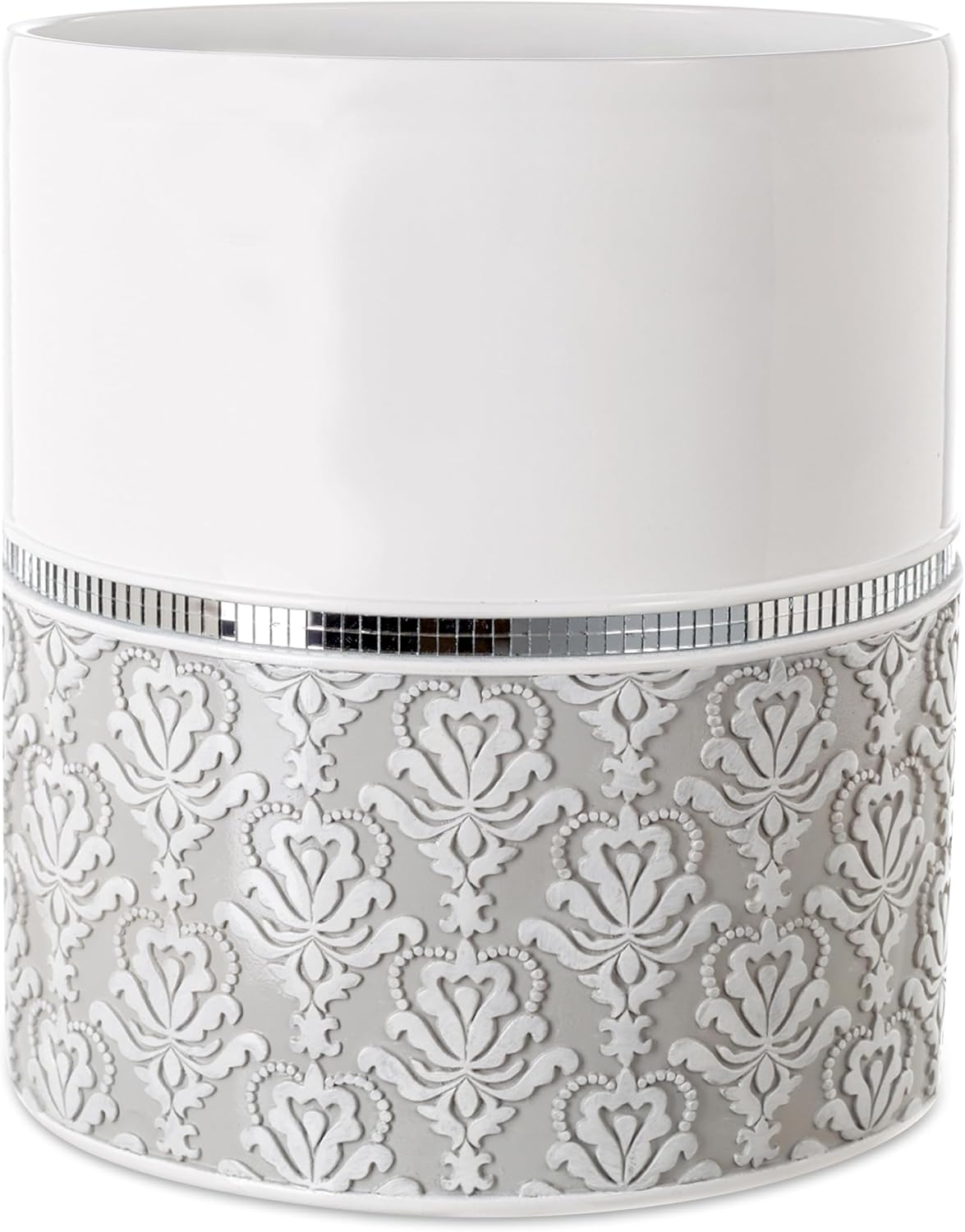 Creative Scents Mirror Damask Small Bathroom Trash Can 1.58 Gal / 6L - Decorative White and Gray Waste Basket - Durable Bathroom Wastebasket - Waste Bin for Powder Room Or Bedroom