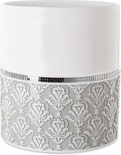Creative Scents Mirror Damask Small Bathroom Trash Can 1.58 Gal / 6L - Decorative White and Gray Waste Basket - Durable Bathroom Wastebasket - Waste Bin for Powder Room Or Bedroom
