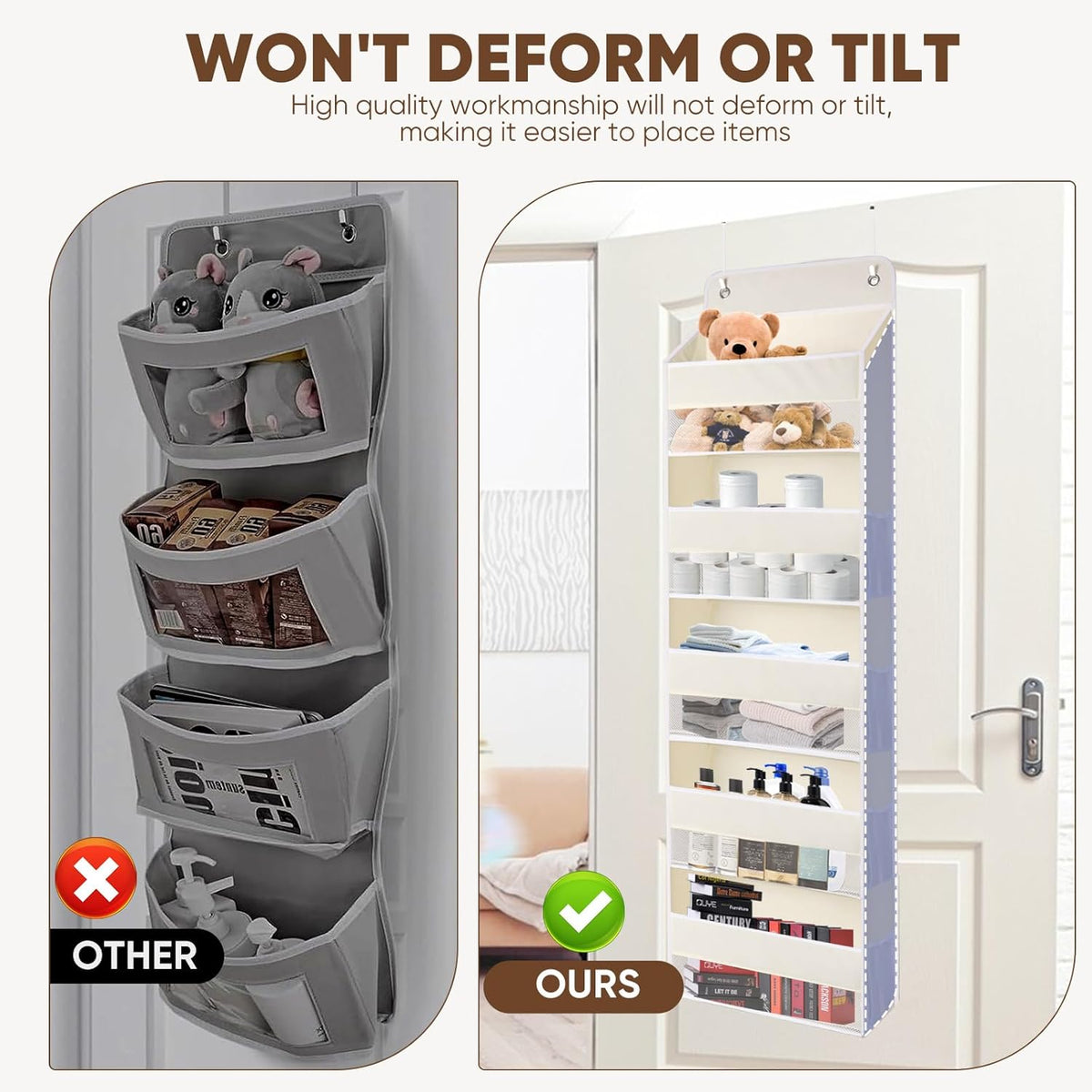 QINGUANG Over The Door Organizer,Hanging Organization and Storage, Behind Door Organizer with Side Pockets, 44 lbs Capacity,Anti Tilt, for Nursery, Bathroom, Bedroom,Dorm 5-Shelf Beige