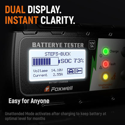 FOXWELL BC521 5A 12V Battery Charger & Tester, 4-in-1 Battery Maintainer