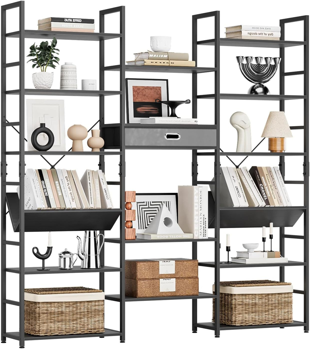 NUMENN Bookcases and Bookshelves Triple Wide 6 Tier Bookshelf, Large Etagere Bookshelf with Storage Drawer, Adjustable Open Display Shelves for Living Room Bedroom Home Office, Black