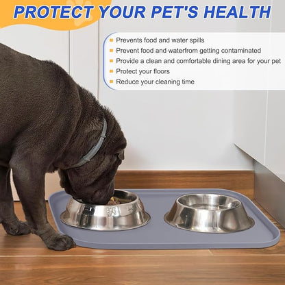 SMILOOL Silicone Pet Feeding Mat with Raised Edge for Food and Water, Dog Bowl Mats, Cat Bowls Placemat with High Lip for Floor Waterproof, Rubber Tray for Cats and Dogs 22 x 14 x0.8 Light Gray