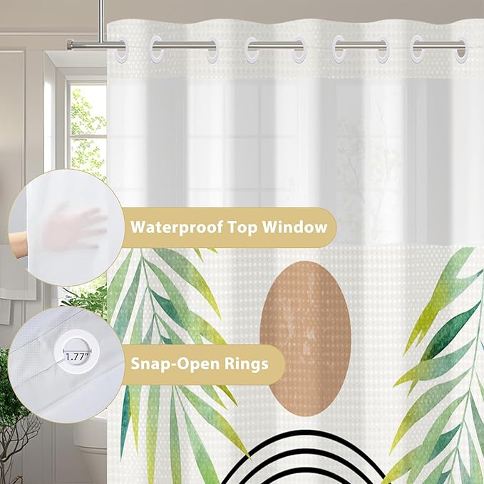 GICDSU No Hook Shower Curtain with Snap in Liner, Waffle Shower Curtain Set for Bathroom, Mid Century Style with Semi-Sheer Top Window, Waterproof & Washable, 71" W x 80" L
