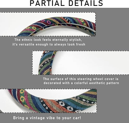 Boho Steering Wheel Cover, 15.0"×15.0" Anti-Slip Baja Blanket Ethnic Steering Wheel Protector, Breathable Flax Cloth Elastic Bohemian Steering Wheel Cover, Car Accessories (Style A)