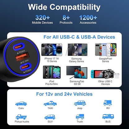Super Fast Type C Car Charger for Samsung Galaxy S26 S25 Ultra A17 A16 iPhone 17 Pro Max 17e Pixel 10a 10 9 Pro Android USB-C&USB-A 3 Port PD36W with QC30W Car Phone Charger Cigarette Lighter Adapter
