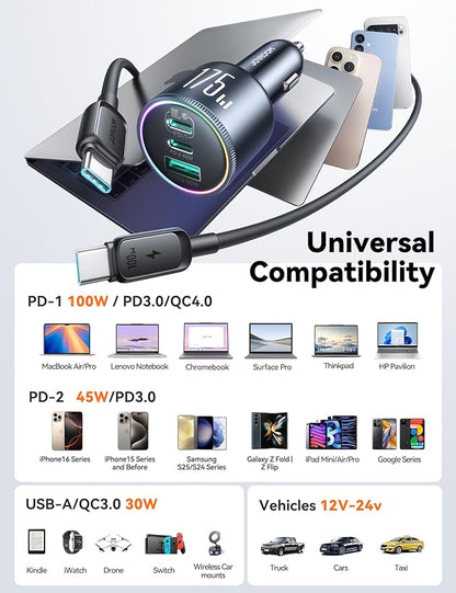 JOYROOM 175W Car Charger USB C Fast Charge, 3-Port Type C Super Fast Car Charger for iPhone 17 with USBC Cable, Cigarette Lighter Adapter for iPhone 17/16/15 Pro Max, Laptop, iPad, Samsung S25/S24/23