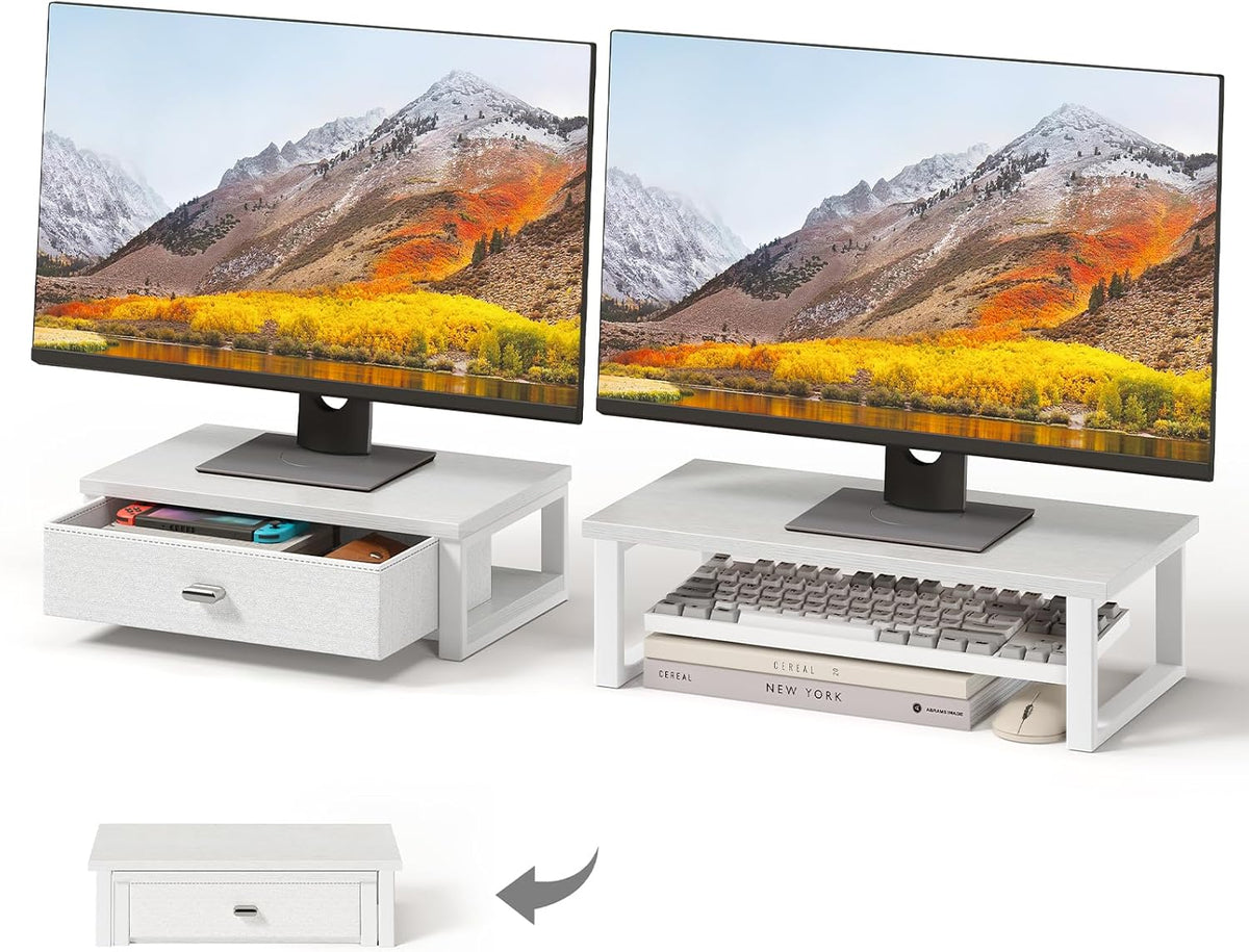 WOHOMO Dual Monitor Stand Riser with Drawers, Desk Organizers for 2 Monitors, Desktop Storage Stand for Computer,Laptop,White