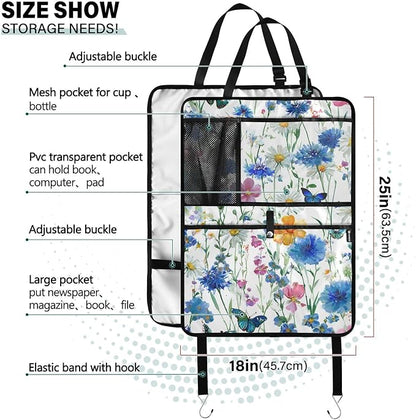 1 Pack Back Seat Car Organizer with Storage Pockets Kick Mats Back Seat Protector Hanging Car Organizer Automotive Seat Back Cover Organizers Watercolor Cornflower Daisy