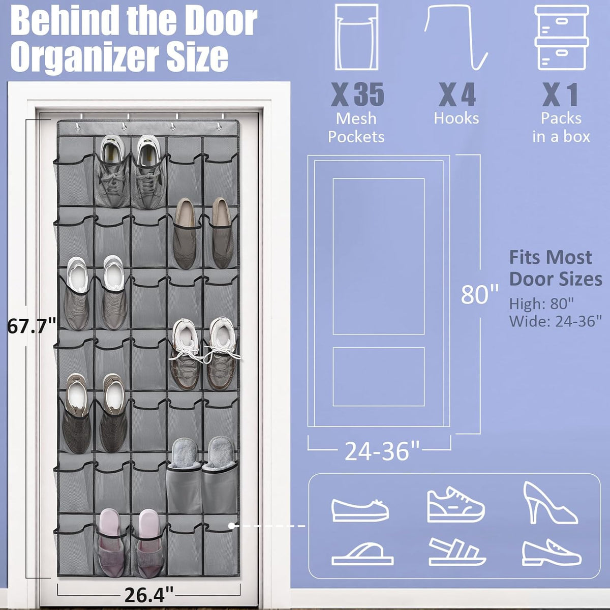 Over the Door Shoe Organizers 35 Mesh Pockets Hanging Shoe Organizer Shoe Rack for Closet Entryway Bedroom Bathroom Pantry Shoe Holder for Sneakers, High Heeled Shoes, Flip Flops (Gray 67.7” × 26.4”)