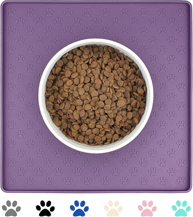 Ptlom Dog Food Mat Anti-Slip Bowl Mats for Food and Water, Waterproof Silicone Pet Placemat with High Raised Edges, Non-Slip Puppy Feeding Tray for Small, Medium Large Cats Dogs, Purple, 11.8"x11.8"