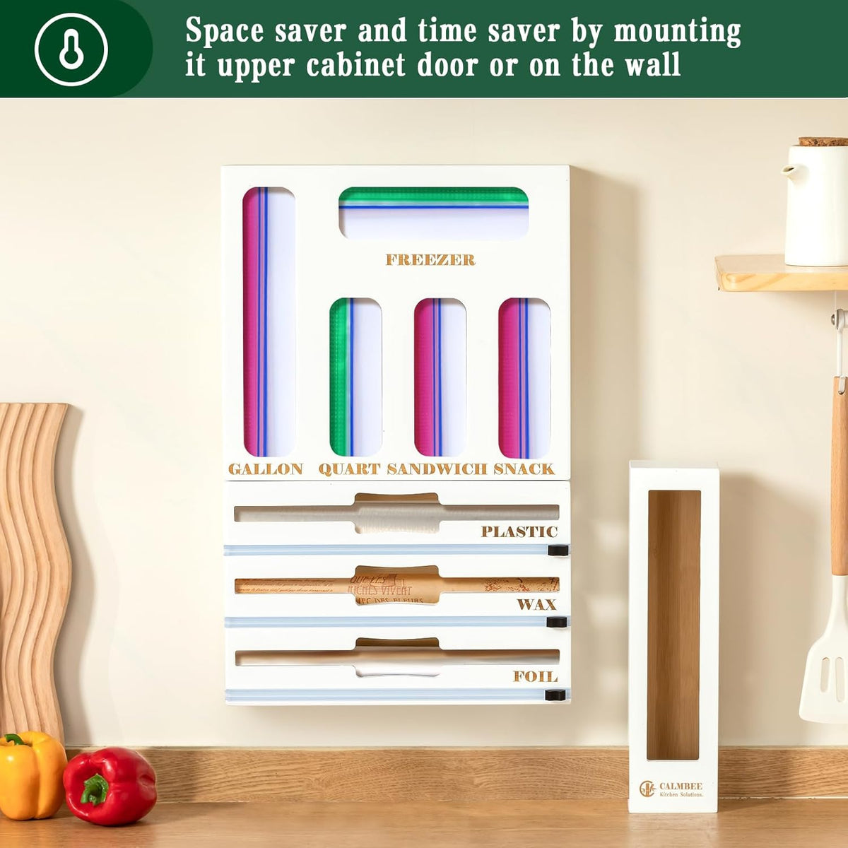 Calmbee Storage Bag Organizer - Foil & Plastic Wrap Organizer with Cutter, Kitchen Storage Compatible with Gallon, Quart, Sandwich, Snack Bags & 12" Aluminum Foil & Wax Paper, White