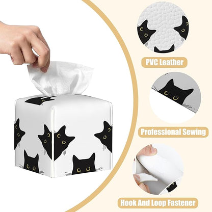 BLYKVGHQ Black Cat Tissue Box Cover Square, Tissue Box Holder with Bottom Belt Leather Facial Paper Organizer Dispenser for Bathroom Bedroom Dresser Night Stand Tabletop