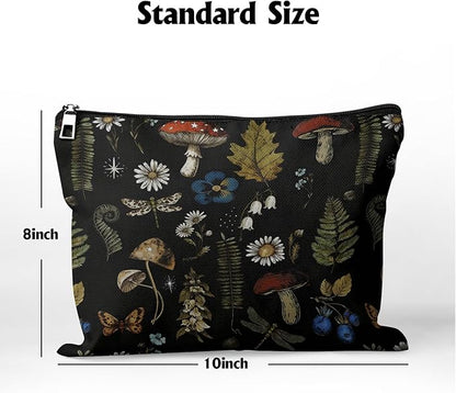 Cafl Vintage Woodland Makeup Bag Travel Large Mushroom Fern Cosmetic Bag Organizer toiletry Essentials Jewelry Skincare Zipper Bag For Women -10×8 inch