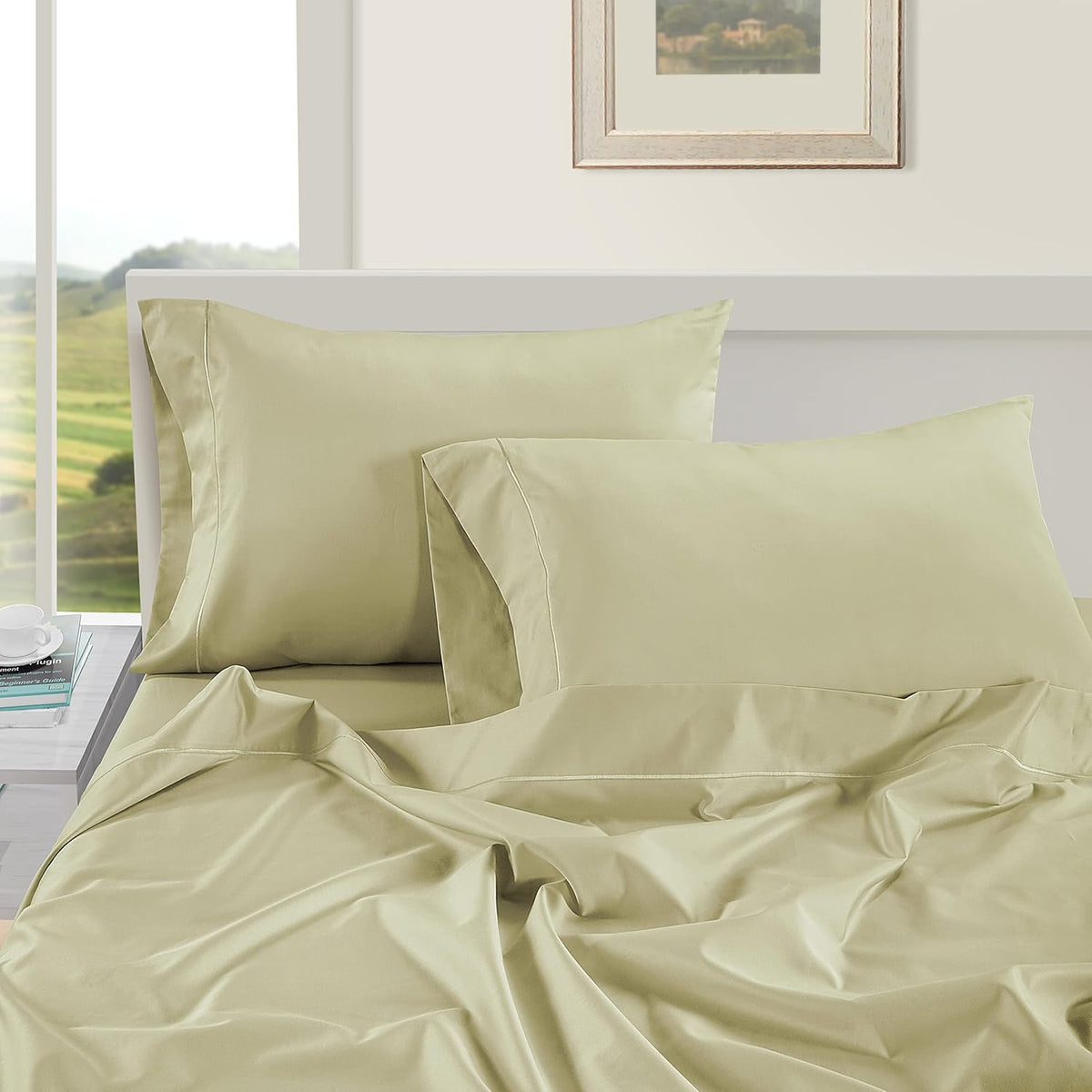 LANE LINEN Queen White Pillow Cases Set of 2, 100% Egyptian Cotton Cases, Sateen, White- Perfect for Home, Hotels & Hospital Use, Standard Size - Seafoam