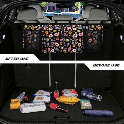 Colorful Hippie Flower Car Trunk Organizer and Storage, Large Capacity Backseat Hanging Storage with 4 Bag Car Accessories, Backseat Car Organizer Universal for Cars, Truck