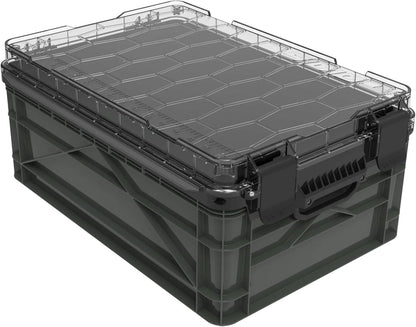 SIDIO Weather Resistant Stackable Storage Bins for Organization - Half-Size Plastic Bin with Dividers for Garage Organization, Home Storage - Heavy Duty Organizer Box (Stealth)