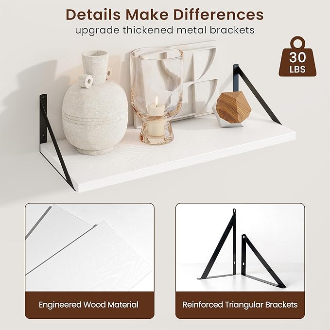 Axeman Deep Floating Shelves | 24 Inch White Wall Shelves Set of 2 | 10 Inch